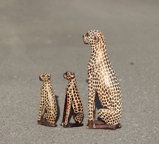 Set of 3, Seating Leopard and Cubs Figurines. Inner Olive wood dark brown polished, gouged hand carved big cat Sculpture. African art Gifts.