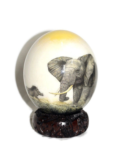 Decoupage Ostrich Egg Full body Elephant and Warthog/Wild pig/Wild boar on White and Yellow background. Unique art Decor Gift ready to Ship