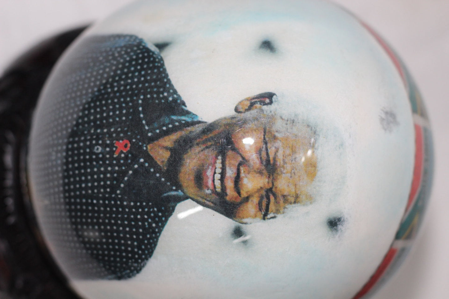 Nelson Mandela Ostrich Egg Decoupage with South African flags and Africa Map on white and blue background. Handmade Art gifts ready to Ship