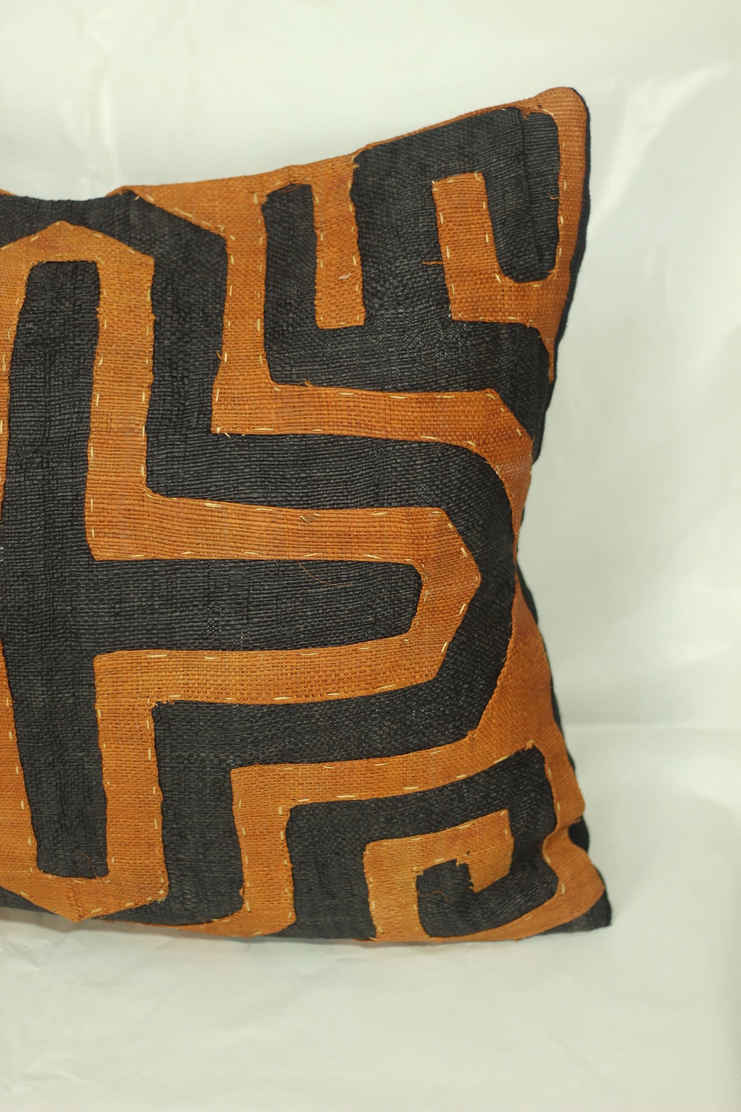 21×19" Handwoven Orange and Black Kuba Cloth Cushion Cover/Pillow case. Authentic Congo raffia palm fibers. Home Decor ready to Ship Gift