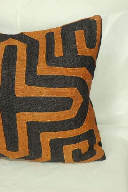 21×19" Handwoven Orange and Black Kuba Cloth Cushion Cover/Pillow case. Authentic Congo raffia palm fibers. Home Decor ready to Ship Gift