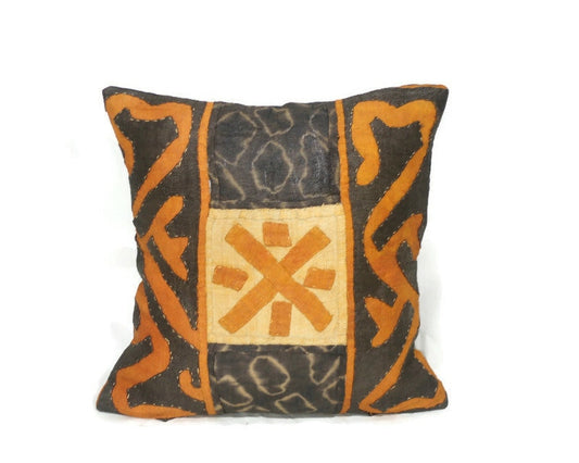 Unique Patchework Mixed colors Kuba Cloth Cushion Cover/Pillow case. Dyed Black, beige and Orange Authentic Congo raffia. Home decor Gifts