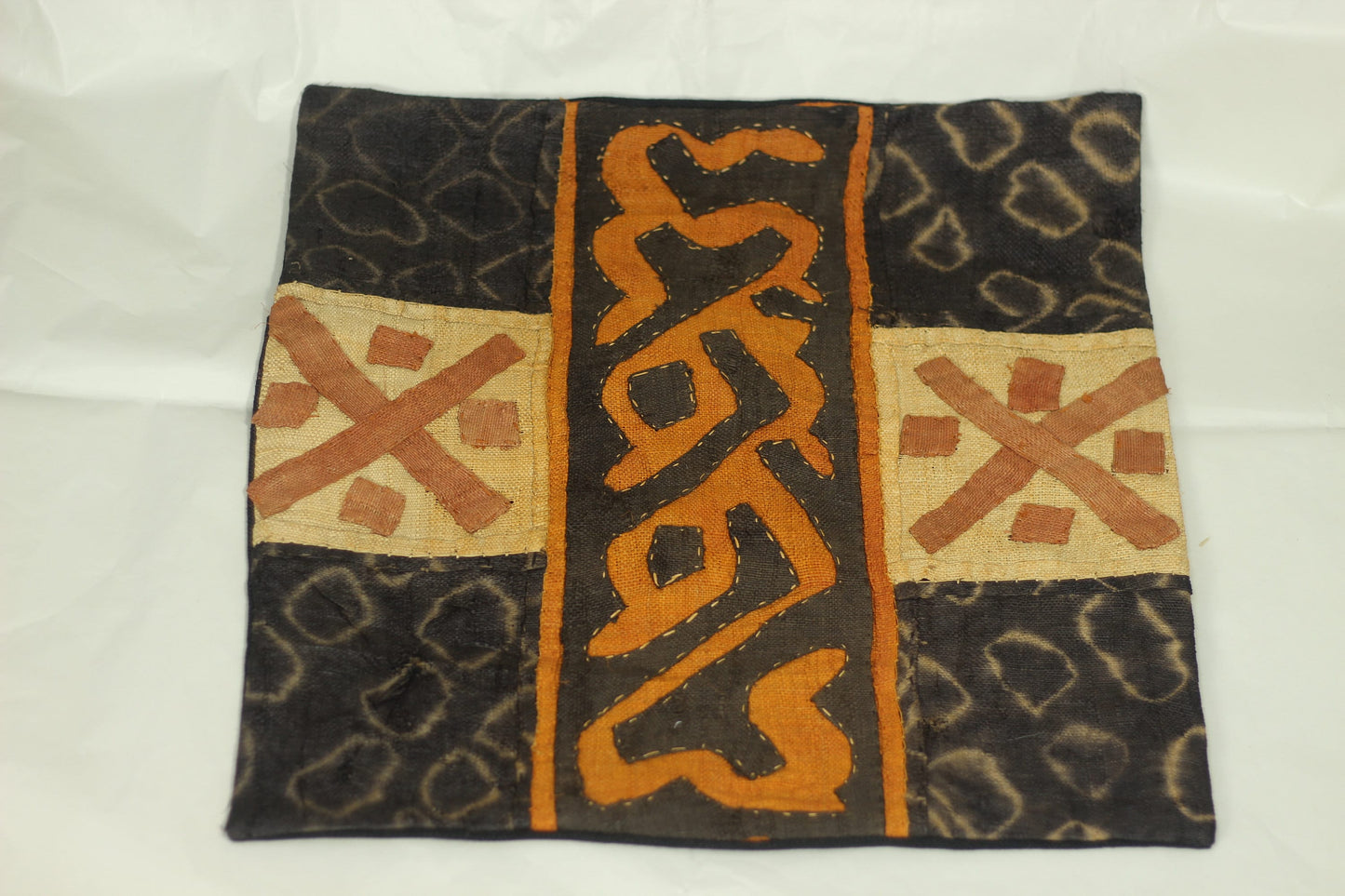 Unique Patchework Mixed colors Kuba Cloth Cushion Cover/Pillow case. Dyed Black, beige and Orange Authentic Congo raffia. Home decor Gifts