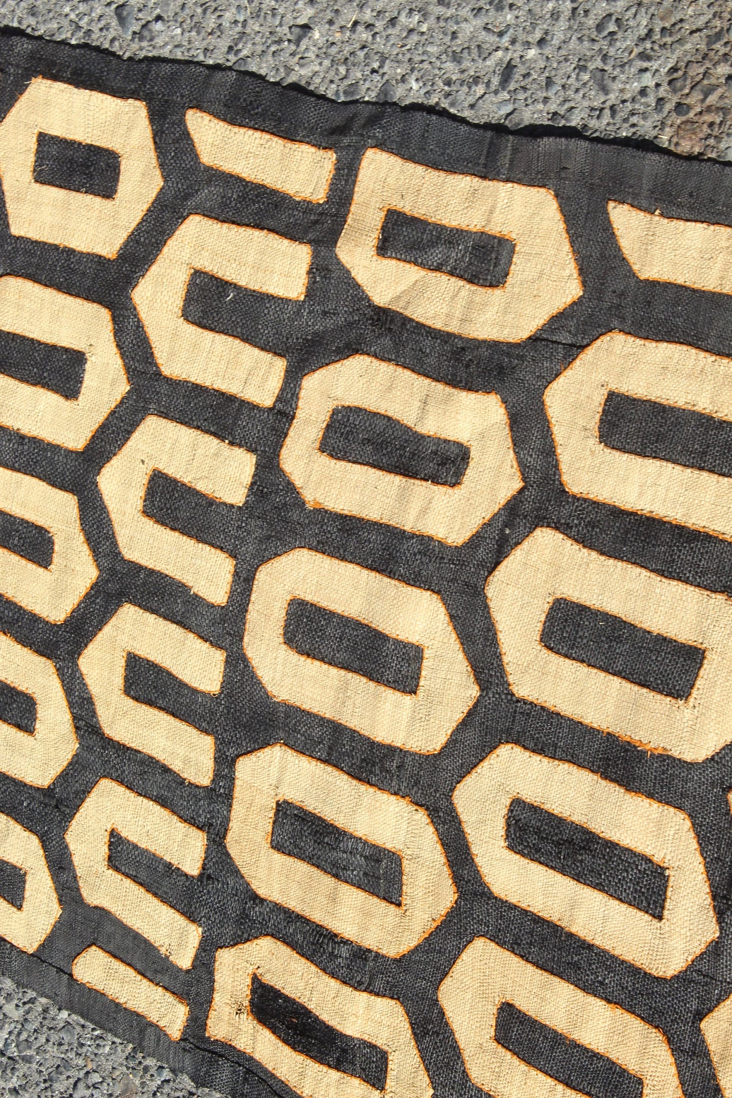 124" Black & Beige Large Uncut Congolese Kuba Cloth Rug. Use on a Conference/Dining room table. Can be used as Wall Decor/ DIY Cushion cover