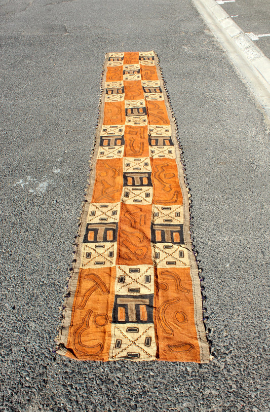 160inch Extra Large X & T Designs Vintage Congo Kuba Cloth Rug. Original Rafia palm fiber textile. Orange, beige, black African Table Decor