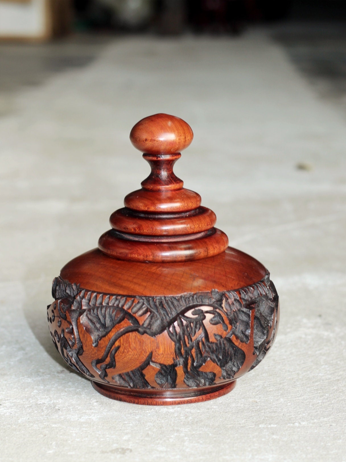 Malawian Rose Wood Hand Carved Storage Bowl. Circular Rings lid and African big 5 animals theme basin with Tree Carvings. Ready to Ship gift