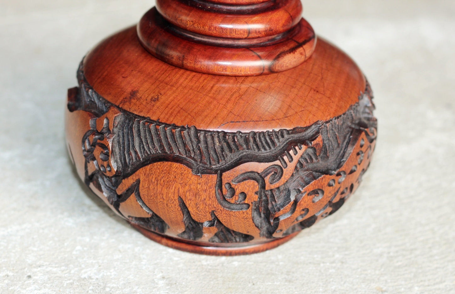 Malawian Rose Wood Hand Carved Storage Bowl. Circular Rings lid and African big 5 animals theme basin with Tree Carvings. Ready to Ship gift