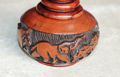 Malawian Rose Wood Hand Carved Storage Bowl. Circular Rings lid and African big 5 animals theme basin with Tree Carvings. Ready to Ship gift