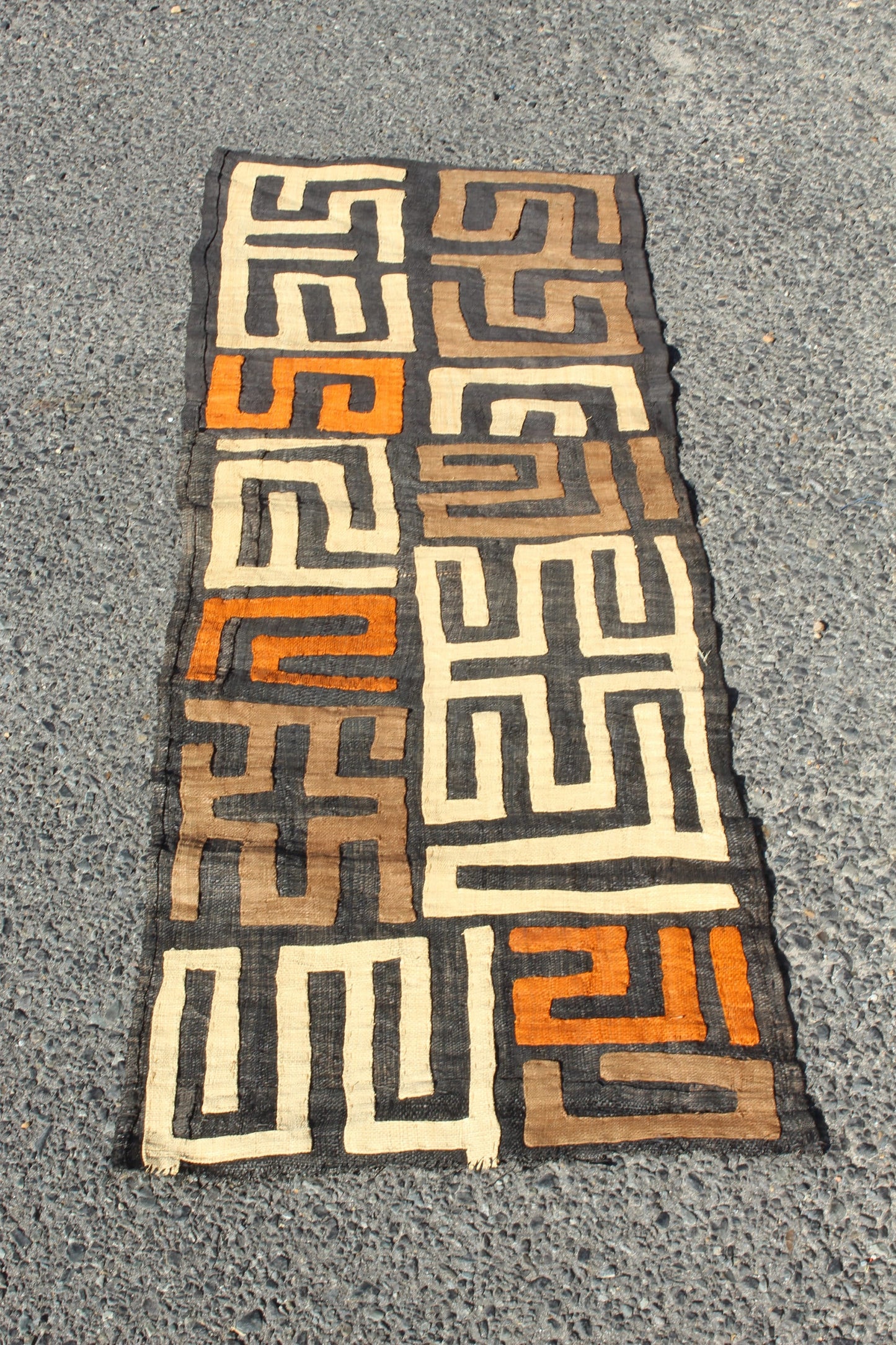 70" Authentic Congolese 2 Rows Kuba Clothe/throw. Orange, Brown, Beige on Black, Long  Dining table decor. Also use as Wall Art. DIY Cushion