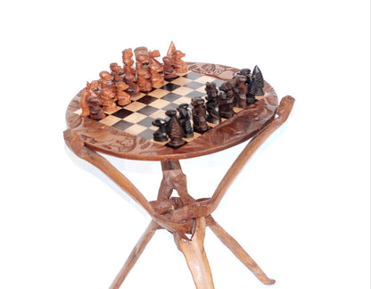 Handcarved Mahogany Wood Foldable Chess Table with reversible African Big 5 animals top. Has ebony wood for dark parts of the Gaming Board