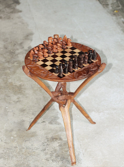 Handcarved Mahogany Wood Foldable Chess Table with reversible African Big 5 animals top. Has ebony wood for dark parts of the Gaming Board