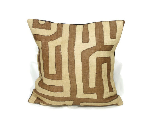 Kuba Clothe Cushion Cover, brown and beige. Afro Bohemian decor, Congolese handwoven raffia fibers. African Art Gift Ready to Ship Worldwide