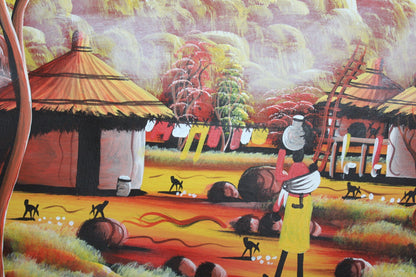 Peinture acrylique sur toile représentant un village montagneux africain au coucher du soleil, 39 pouces. Art mural peint à la main sans cadre pour la décoration de la maison/du bureau. Signée par l'artiste