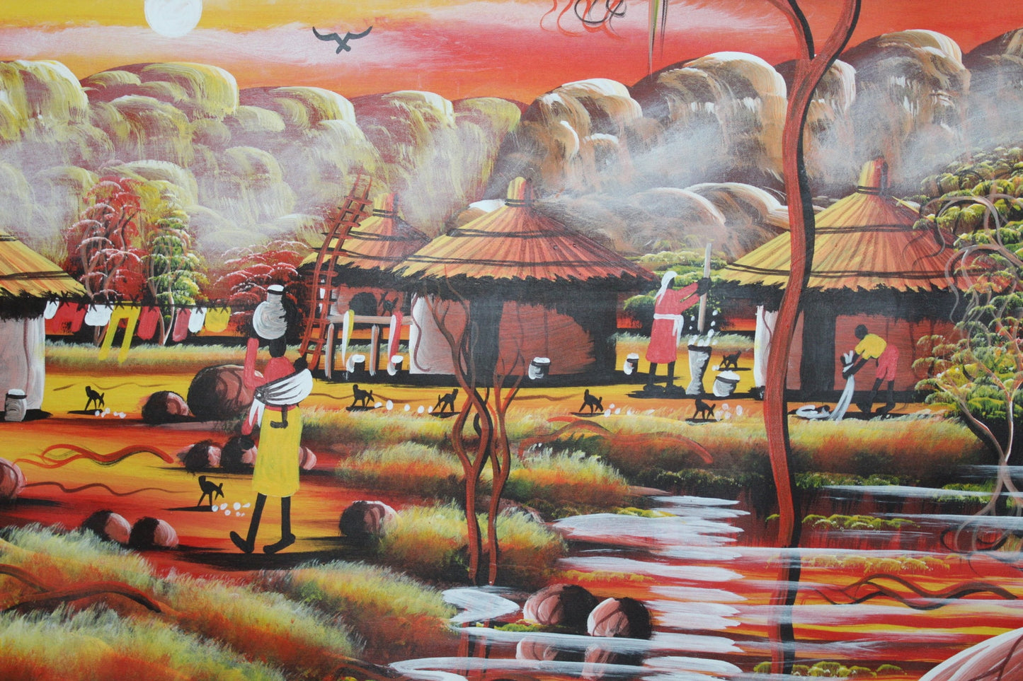 Peinture acrylique sur toile représentant un village montagneux africain au coucher du soleil, 39 pouces. Art mural peint à la main sans cadre pour la décoration de la maison/du bureau. Signée par l'artiste