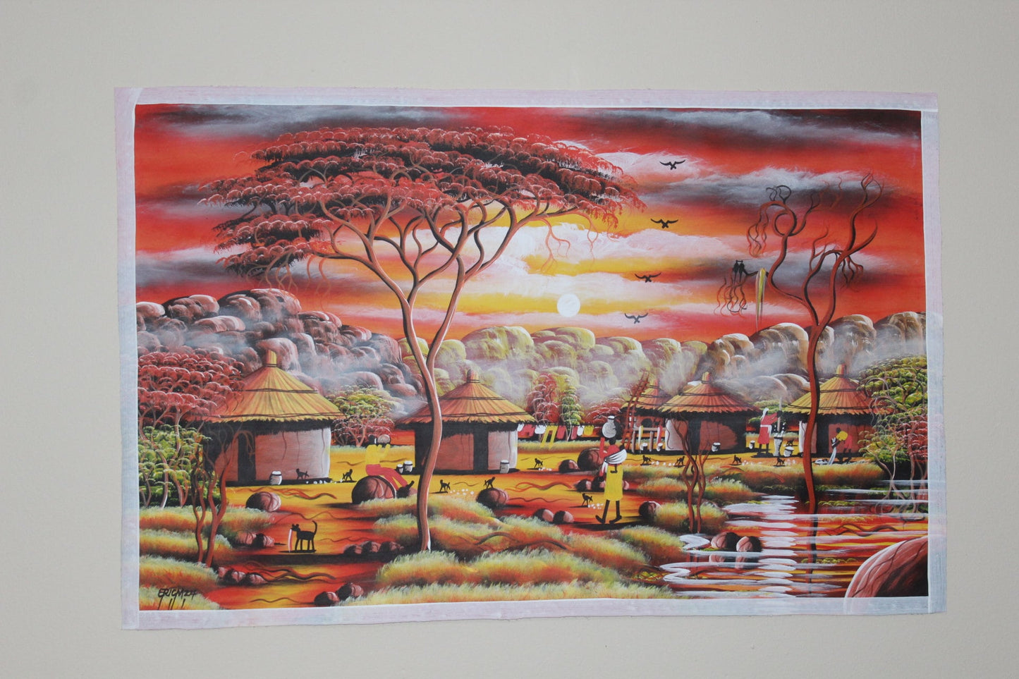 Peinture acrylique sur toile représentant un village montagneux africain au coucher du soleil, 39 pouces. Art mural peint à la main sans cadre pour la décoration de la maison/du bureau. Signée par l'artiste