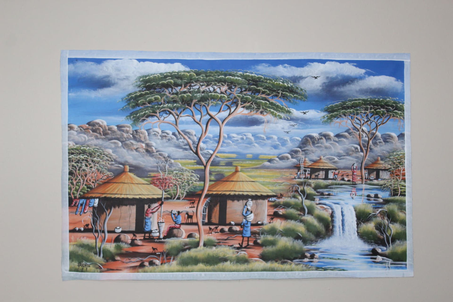 39" Blue Sky African Mountainous Village With Waterfall lifestyle Acrylic Painting on Canvas. Hand painted Unframed Wall Art for home/office