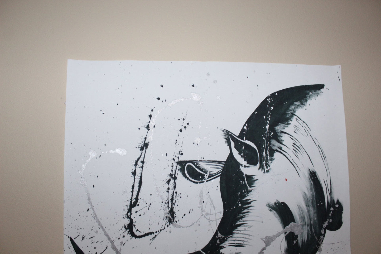 Black and White Hand Painted Rhino Acrylic Painting on Canvas. Unframed Wall Art with Brush Sprinkled silver paint for home/office decor.