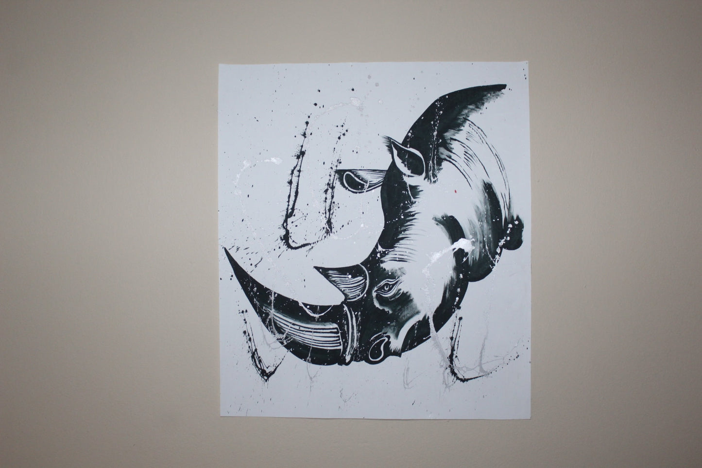 Black and White Hand Painted Rhino Acrylic Painting on Canvas. Unframed Wall Art with Brush Sprinkled silver paint for home/office decor.