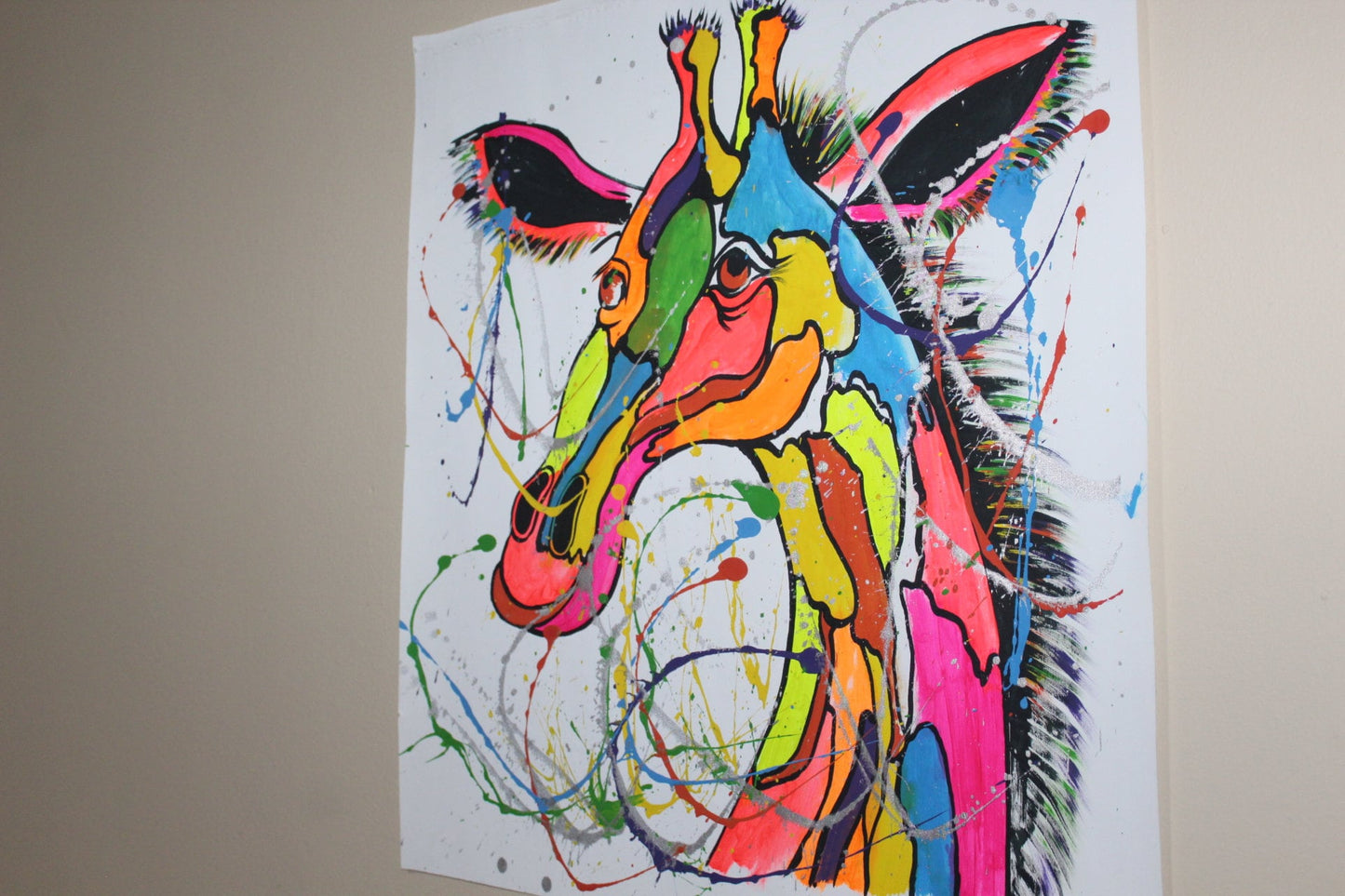 Colourful Giraffe Acrylic Painting on Canvas with sprinkled silver paint. Unframed rainbow theme Hand Painted Wall Art home/office decor