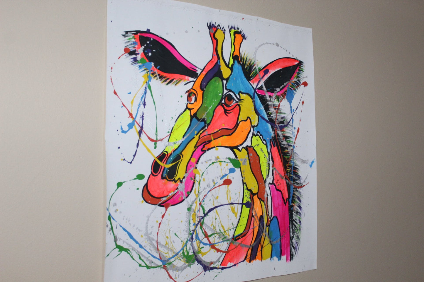 Colourful Giraffe Acrylic Painting on Canvas with sprinkled silver paint. Unframed rainbow theme Hand Painted Wall Art home/office decor