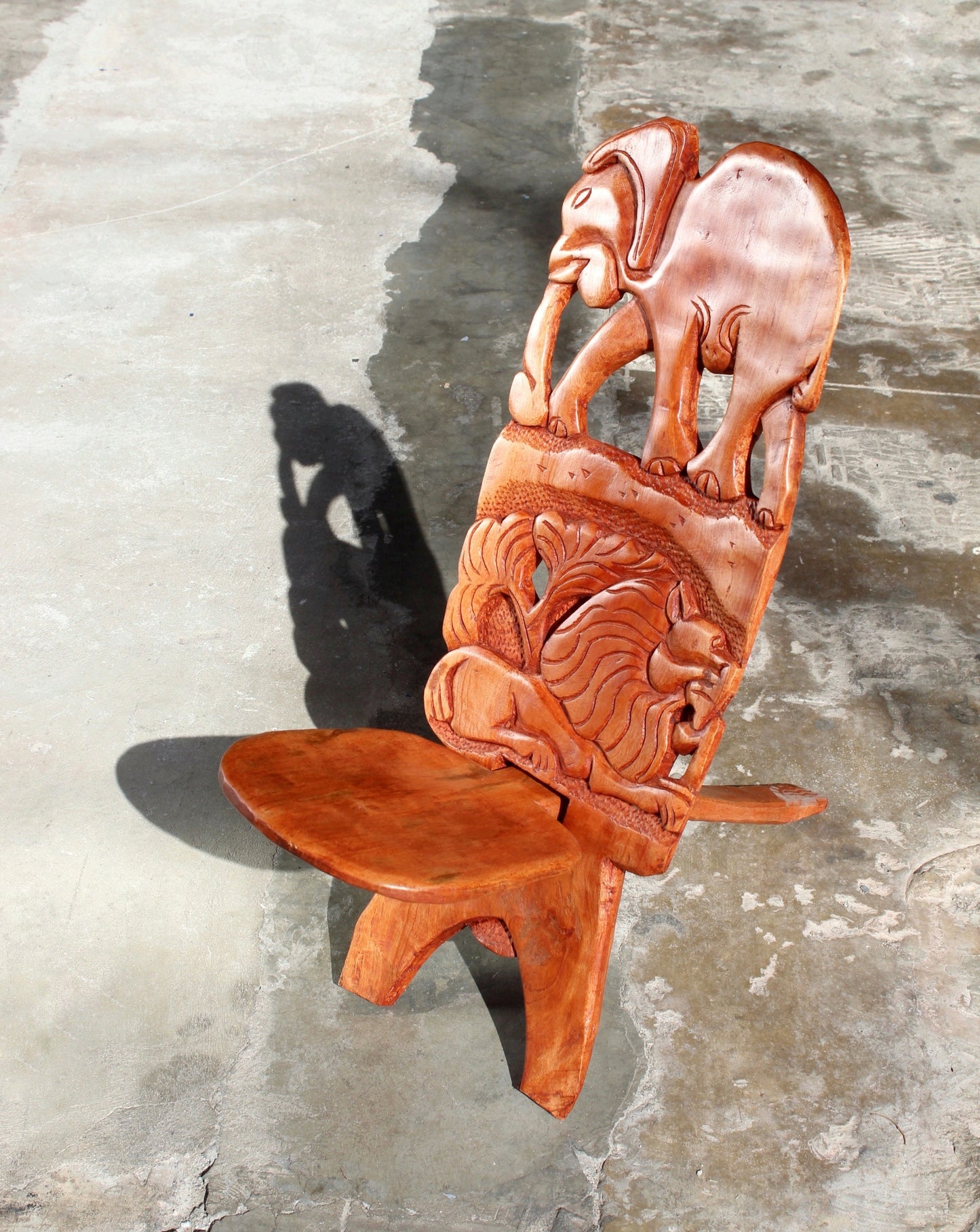 Medium Sized African Polished Foldable chair. Malawian Mahogany Carved Walking Elephant and Sleeping Lion. Home /Office Art decor gifts