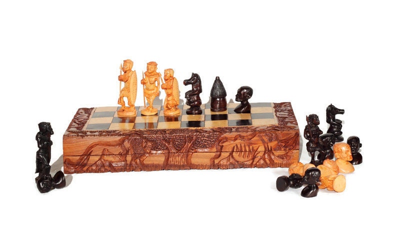19" Zulu Warriors African Chess Set. Large Zimbabwe handcarved Foldable board with African Big Five Animals. Olive, Ebony, Mahogany Wood