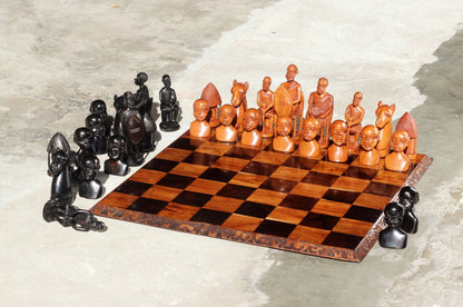 Extra Large 25" Malawian Handcarved Chess Set with African Big 5 Safari Animal pieces. Handmade Ebony, Mahogany Wood board game Art Gift