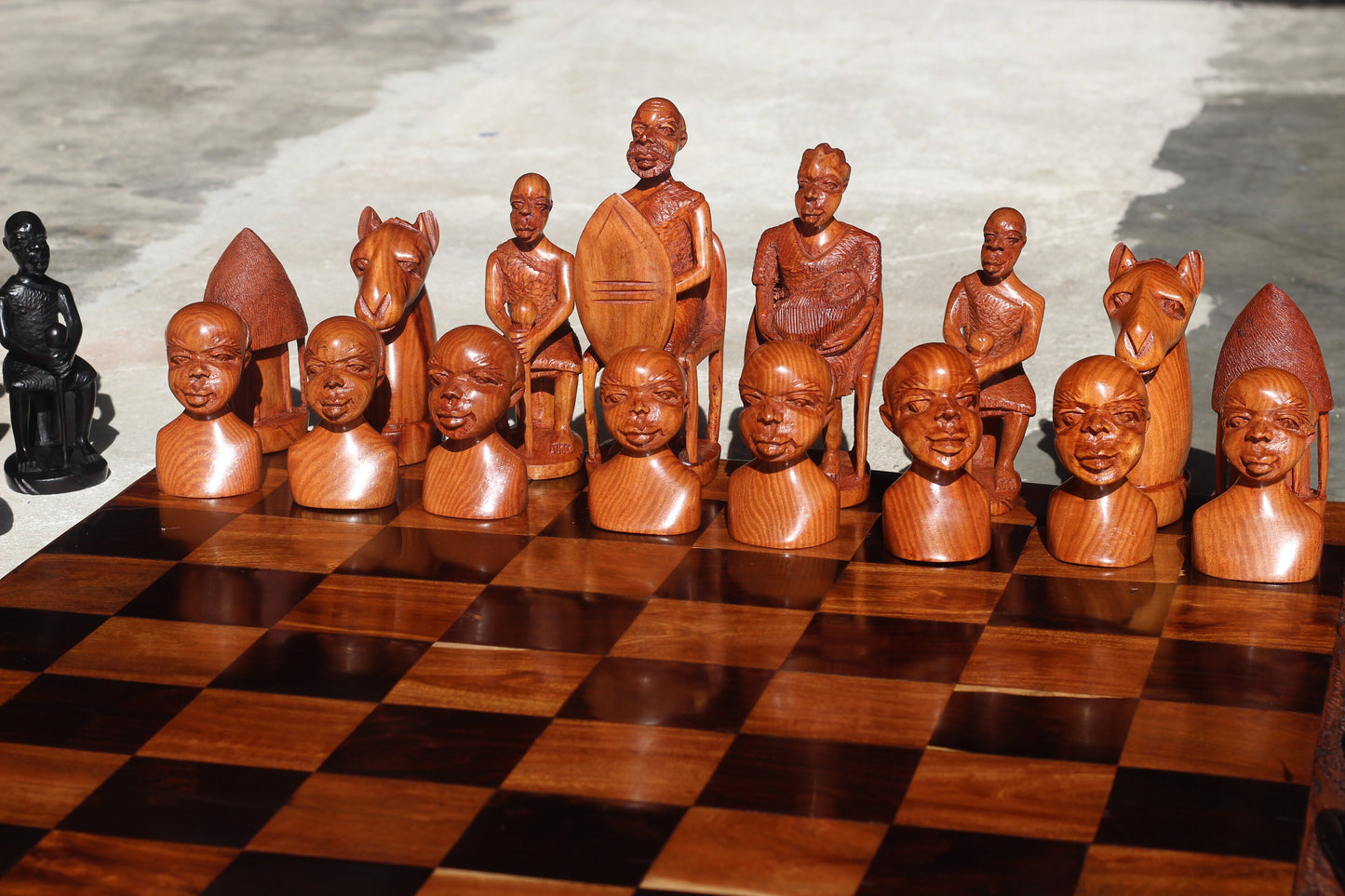 Extra Large 65×65cm African Warriors & Big 5 animals Chess Set. Handcarved Ebony, Mahogany, Mubanga Wood board game Gift. Malawi art Decor.