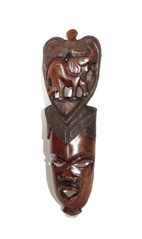 African Man Face Mask with Trunk Up Elephant Carving. Handcarved interior decor tribal art. Large, Brown iron Wood Decor. Ready to Ship gift