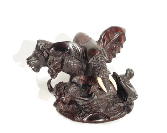 Animaux africains Big Five réalistes en bois de fer. Pièce de décoration pour bureau/maison sculptée à la main au Zimbabwe, couleur marron foncé. Cadeau unique en son genre