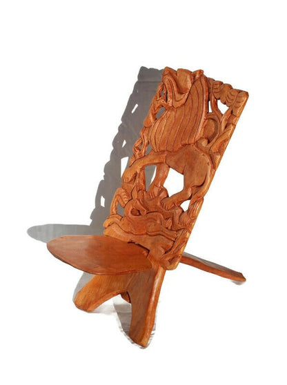 Medium Sized African Polished Foldable chair. Malawian Mahogany Carved Roaring Lion and Sleeping Antelope. Home /Office Art decor gifts