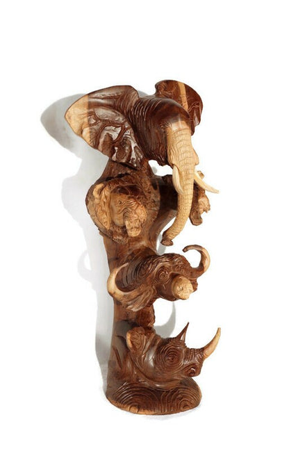 Large Natural Ironwood Carved lifelike Big Five heads tower. Elephant, Lion, Leopard, Buffalo, Rhino fine Art Decor. Ready to Ship Gift