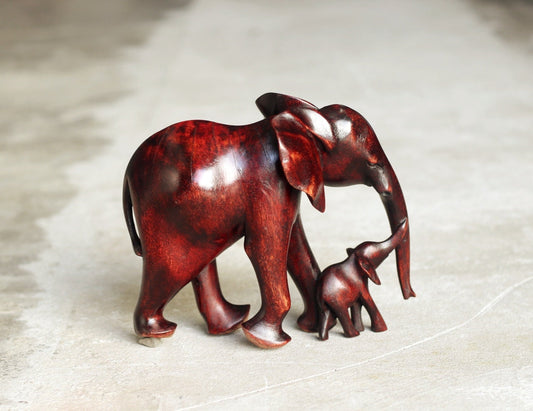 Dark Brown Hand Carved Elephant Mother and Calf Olive wood. African art Souvenirs Mother's Day Gifts. Unique housewarming Ready to Ship