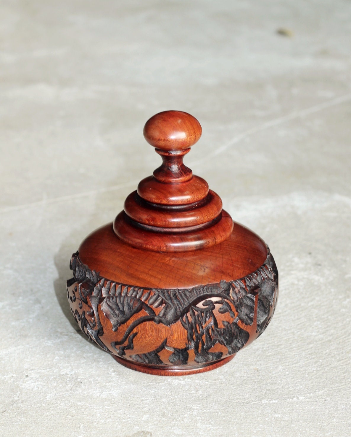 Malawian Rose Wood Hand Carved Storage Bowl. Circular Rings lid and African big 5 animals theme basin with Tree Carvings. Ready to Ship gift