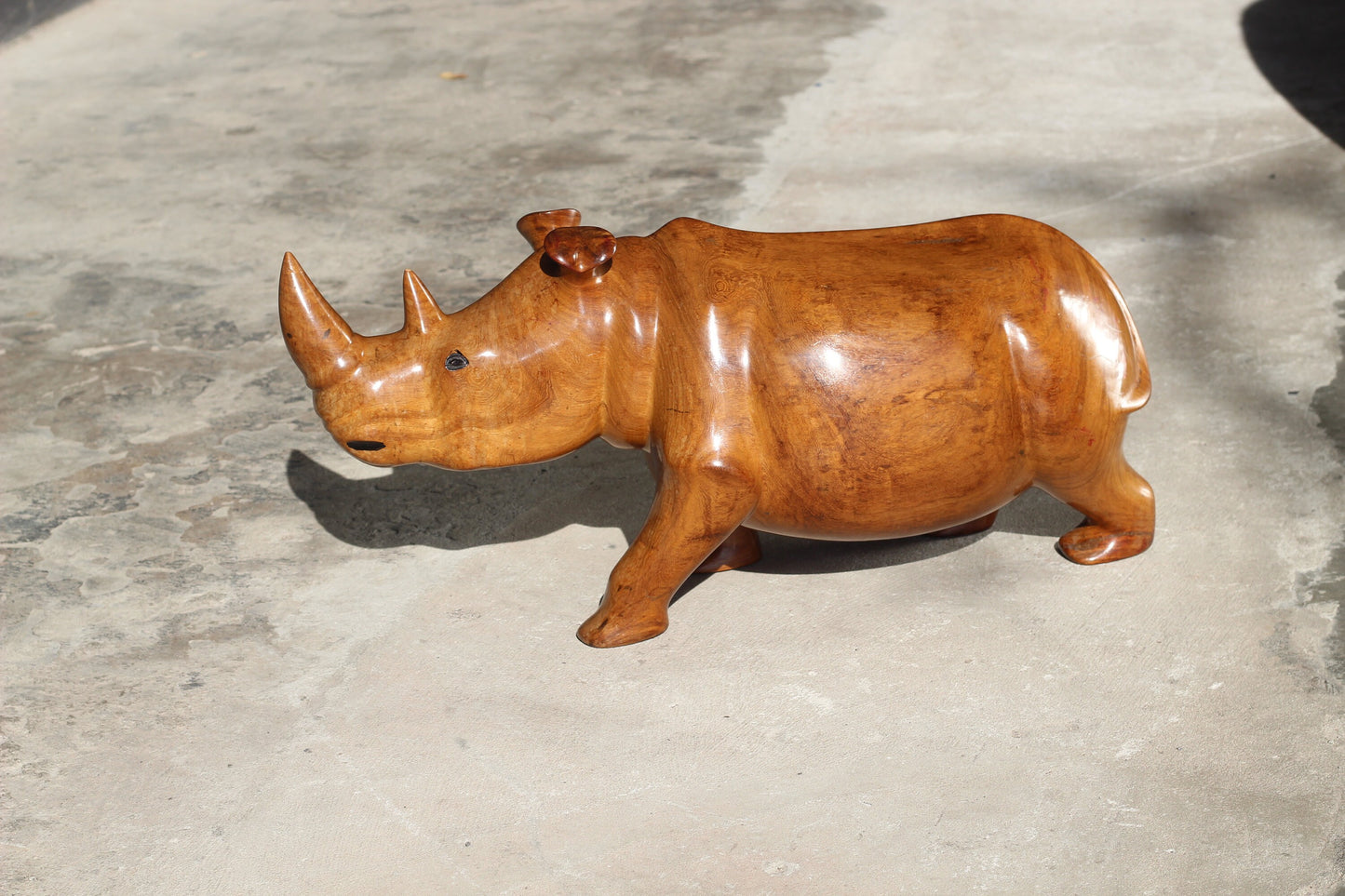 24" Large Zambian Mubanga Wood handcarved Rhino. Unique African Art Gifts, for home and office decor. Walking Long Horn Rhinoceros figurines