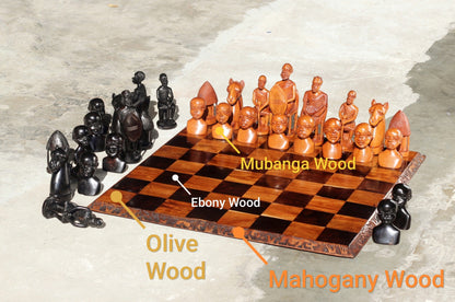 Extra Large 65×65cm African Warriors & Big 5 animals Chess Set. Handcarved Ebony, Mahogany, Mubanga Wood board game Gift. Malawi art Decor.