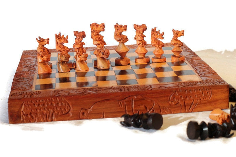 African Big Five Animals Foldable Chessboard Art with Trophy head pieces. Ebony and Olive Wood Hand Carved Gaming board. Ready to Ship Gifts