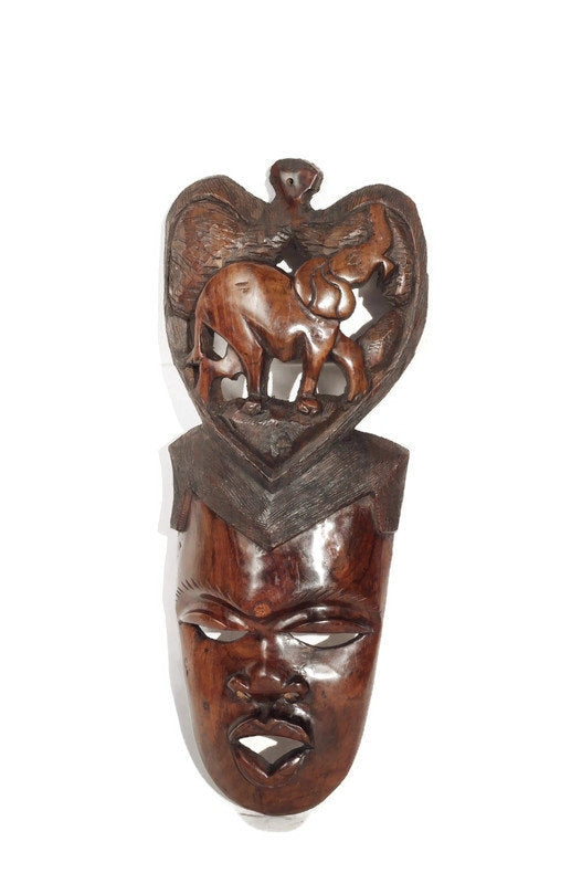 African Man Face Mask with Trunk Up Elephant Carving. Handcarved interior decor tribal art. Large, Brown iron Wood Decor. Ready to Ship gift