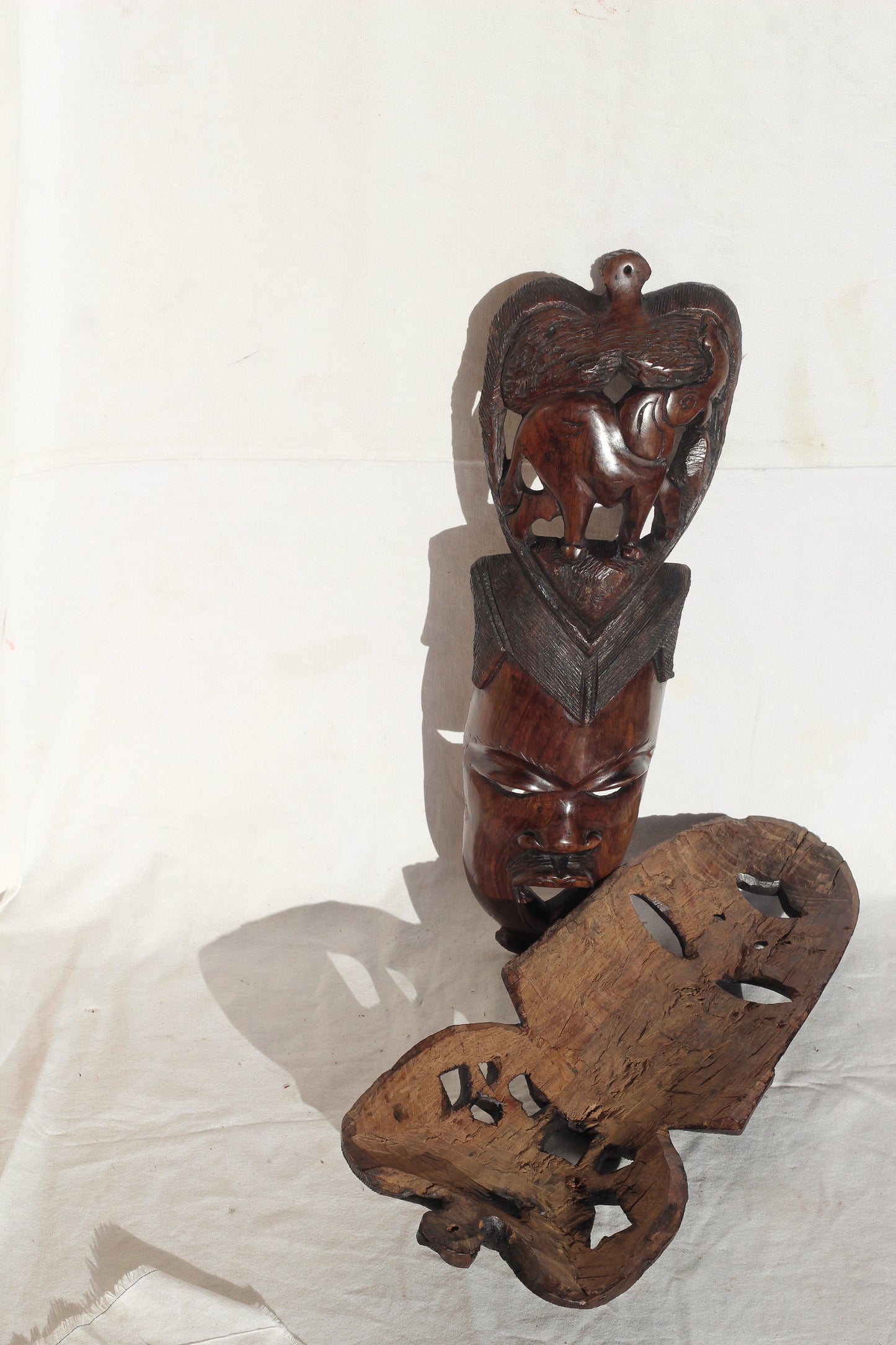 African Man Face Mask with Trunk Up Elephant Carving. Handcarved interior decor tribal art. Large, Brown iron Wood Decor. Ready to Ship gift