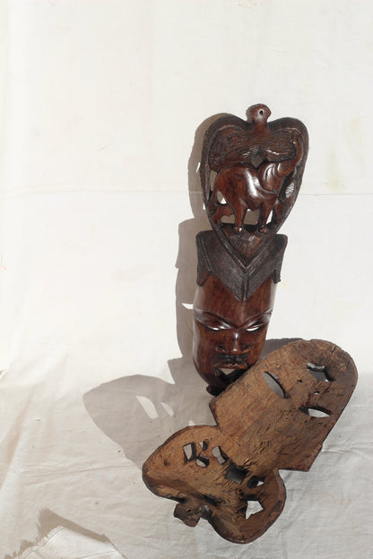 African Man Face Mask with Trunk Up Elephant Carving. Handcarved interior decor tribal art. Large, Brown iron Wood Decor. Ready to Ship gift