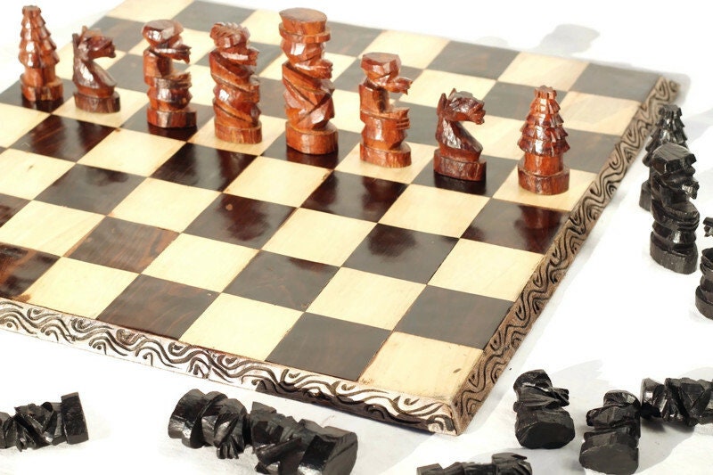 Large 18" Malawian handcarved Wooden Chess Set. Ebony, Olive and Mahogany Wood. Great Gift for play and Display /Decor. Ready to Ship