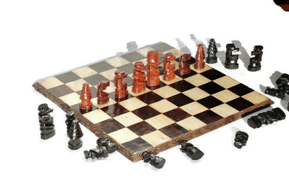 Large 18" Malawian handcarved Wooden Chess Set. Ebony, Olive and Mahogany Wood. Great Gift for play and Display /Decor. Ready to Ship