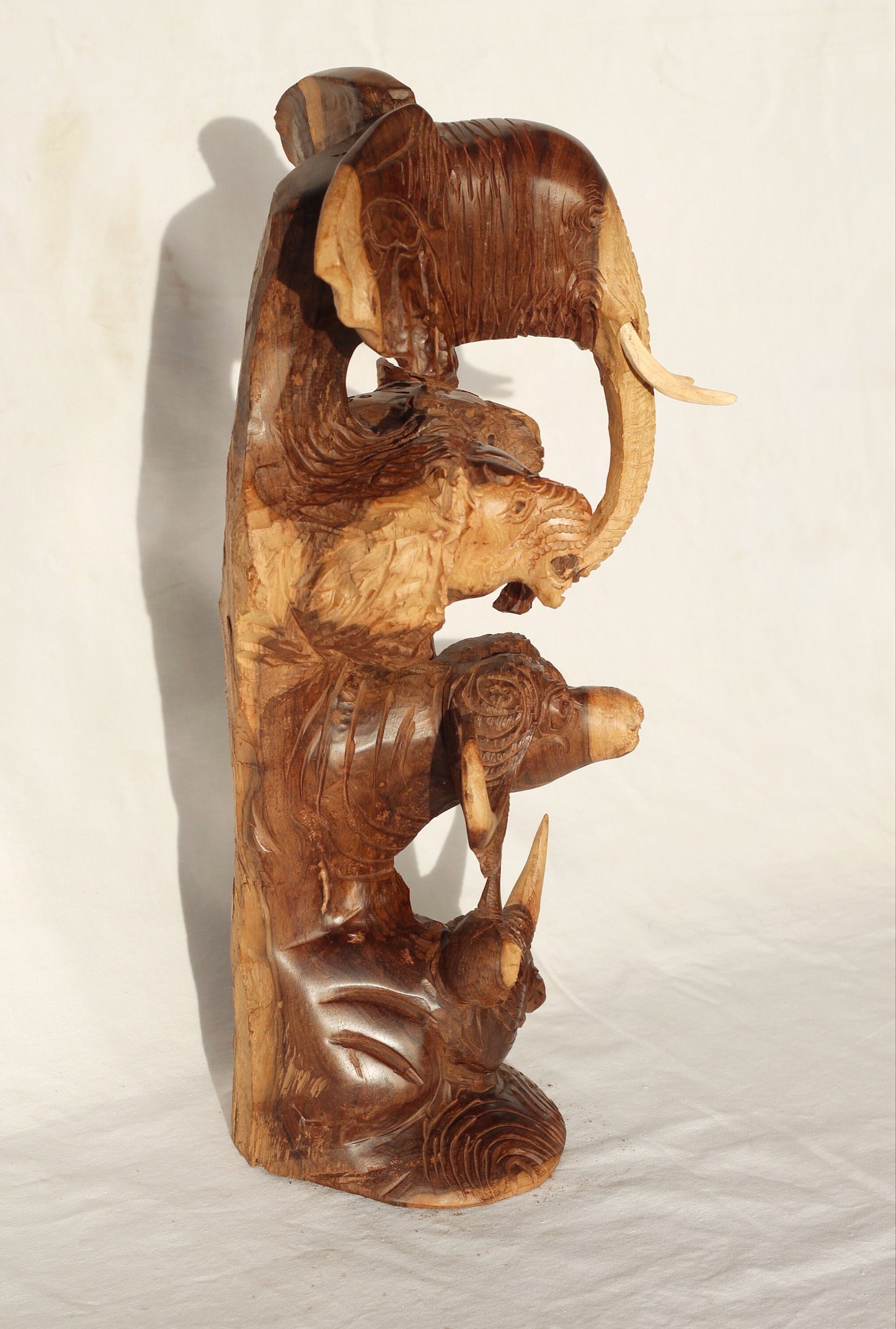 Large Natural Ironwood Carved lifelike Big Five heads tower. Elephant, Lion, Leopard, Buffalo, Rhino fine Art Decor. Ready to Ship Gift
