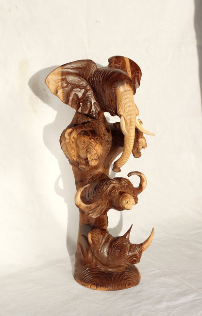 Large Natural Ironwood Carved lifelike Big Five heads tower. Elephant, Lion, Leopard, Buffalo, Rhino fine Art Decor. Ready to Ship Gift