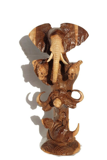 Large Natural Ironwood Carved lifelike Big Five heads tower. Elephant, Lion, Leopard, Buffalo, Rhino fine Art Decor. Ready to Ship Gift