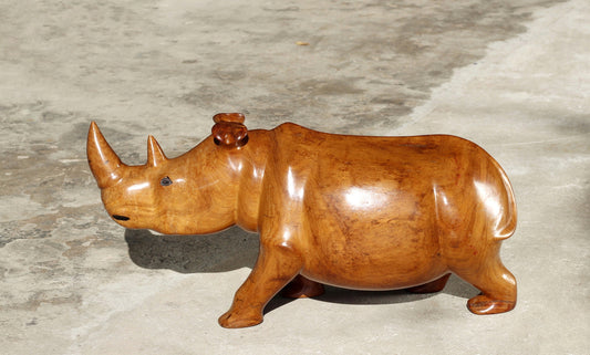 24" Large Zambian Mubanga Wood handcarved Rhino. Unique African Art Gifts, for home and office decor. Walking Long Horn Rhinoceros figurines