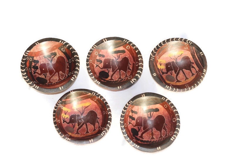 Set of 5 Giraffe or Elephant Painted Olive wood dry snack bowls. Carved and Gouged Black and Brown African art Deco gifts Ready to Ship.