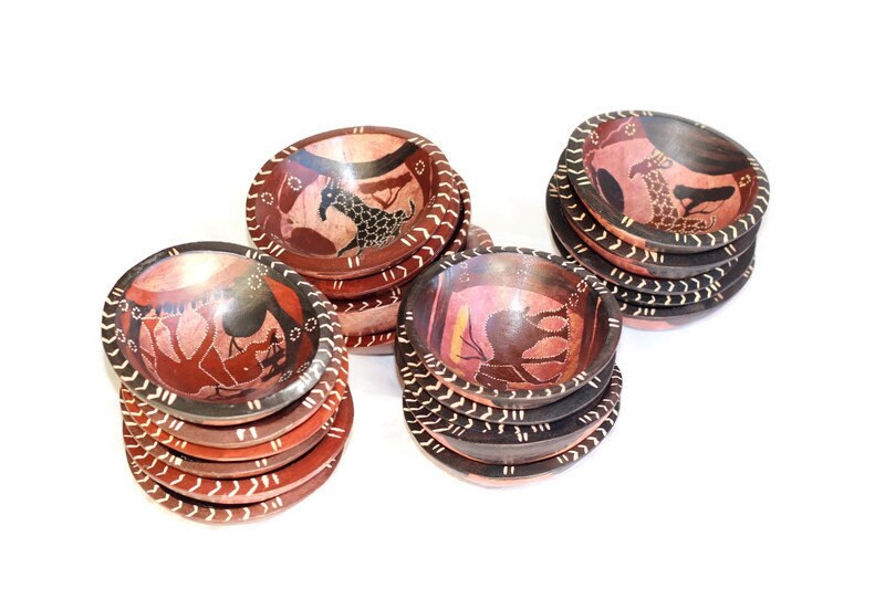 Set of 5 Giraffe or Elephant Painted Olive wood dry snack bowls. Carved and Gouged Black and Brown African art Deco gifts Ready to Ship.