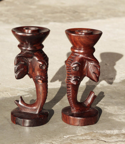 Set of 2 Carved Iron Wood Elephant Heads design candle stands home decor. African art Gifts Candle Stick Holder. Ready to Ship Worldwide