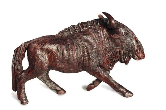 Dark Brown Fine Art Wildebeest Ironwood Handcarved African Mini figurine. Zimbabwean Antelope Carving. Walking lifelike bull. Ready to Ship